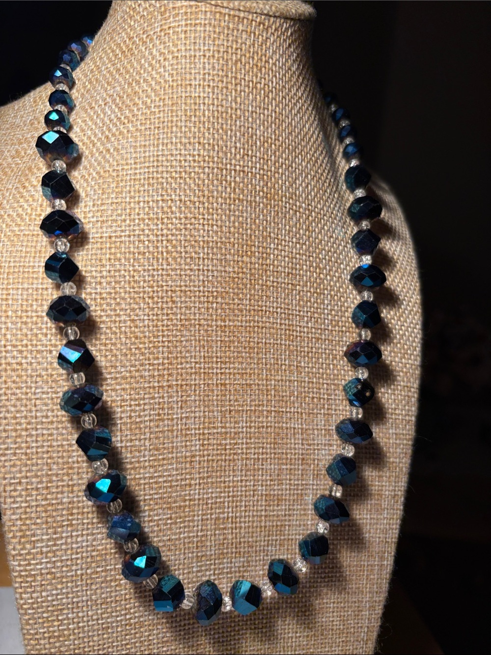 0176) Faceted Iridescent Teal Cut Crystal (glass) Necklace